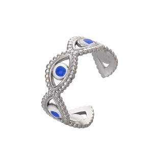 Minimalist silver stainless steel open ring with blue evil eye enamel patterns