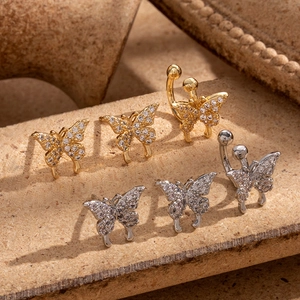 Golden and silver butterfly jewelry set featuring sparkling zircon cartilage clips and studs