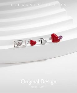 Detailed set of S925 silver heart and envelope earrings with red enamel and zircons