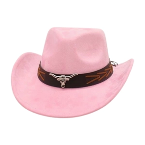 Pink suede cowboy hat featuring a detailed brown leather band and silver bull head ornament