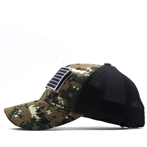 Detail of digital camouflage fabric and breathable mesh back on the tactical cap
