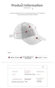 Size chart showing baseball cap brim 8.5cm, depth 11cm and adjustable 56-60cm circumference