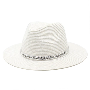 White straw panama hat with silver metal chain decor for summer sun protection