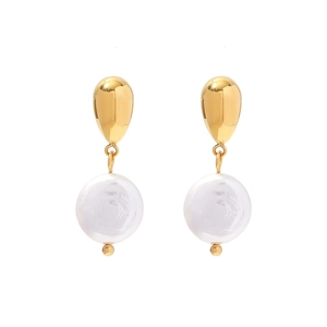 Elegant gold teardrop earrings with natural freshwater pearls on a white background