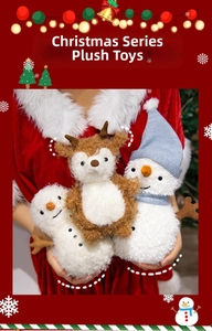 Detailed set of Christmas plush toys featuring a reindeer and snowmen with festive hats