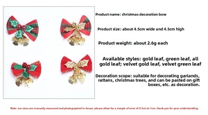 Detailed view of mini Christmas bows with golden bells and red green plaid fabric