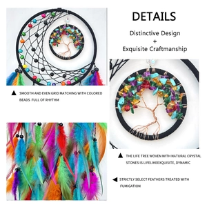 Handmade Tree of Life dream catcher with natural crystal stones and colorful feathers