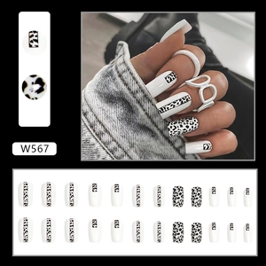 Long square white leopard print press-on nails with cow pattern art for women