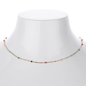 Detail of the golden S925 silver beaded necklace with colorful beads on a white mannequin