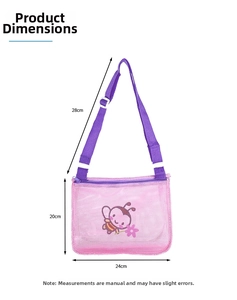 Detailed size specifications for pink mesh beach bag showing 28cm strap and 24cm width