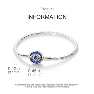 Detailed view of silver snake chain with 11.4mm blue Evil Eye charm and dimensions