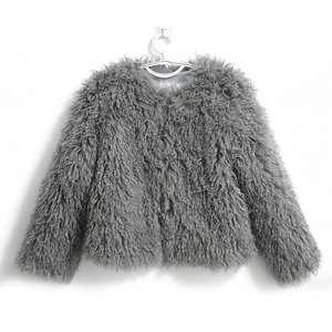 Close-up of the grey faux fur texture and shaggy wool-like fabric on the jacket