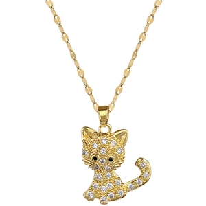 Luxurious gold cat pendant necklace with pavé crystals on a minimalist chain