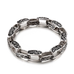 Stainless Steel Chain Link Bracelet Retro Punk With Floral Engraving Gothic Oxidized Silver Hip Hop Jewelry For Men Women