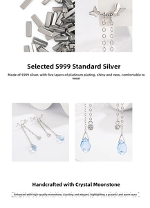 Detail of S999 silver butterfly earrings with moonstone droplets and tassel design