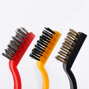 Set of 3 multi-purpose kitchen cleaning brushes with steel and nylon bristles on white background