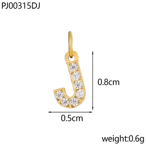 Macro shot of gold-plated letter J pendant with micro-pave zircons and dimensions 0.8x0.5cm