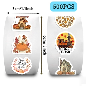 Macro shot of 500 autumn theme stickers with pumpkin and squirrel patterns, 3cm diameter