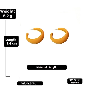 Detailed view of yellow C-shaped acrylic earrings with 925 silver needle size specs