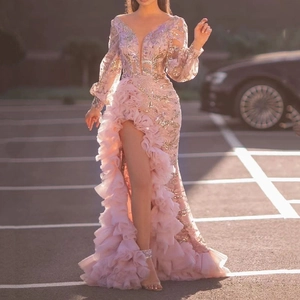Pink evening gown with gold sequin embroidery and high slit mesh skirt for formal events