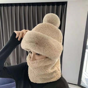Winter Integrated Hood Hat Scarf Faux Fur Fleece Lining Thick Warm Windproof Earmuff Balaclava For Women Girls