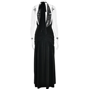 Detail of black backless halter maxi dress with ruched waist and shimmering fabric