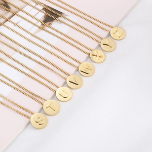 Stainless Steel Gold Plated Initial Letter Necklace Circular Disc Pendant Clavicle Chain For Women
