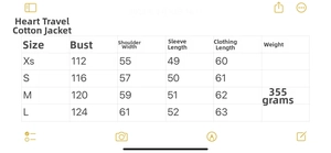 Detailed size chart for heart-quilted jacket showing chest, shoulder and length measurements