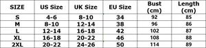 Detailed size guide table for double-breasted cape dress with bust and length in cm