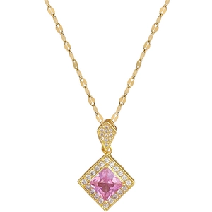 Luxurious titanium steel necklace with pink rhombus crystal and pavé set white zirconia