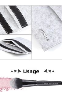 Detail of Z'OREYA Flawless Face-868 makeup brush and felt storage bag with logo