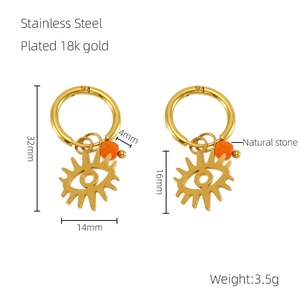 Detail of 18k gold plated evil eye earrings with natural orange stone and dimensions