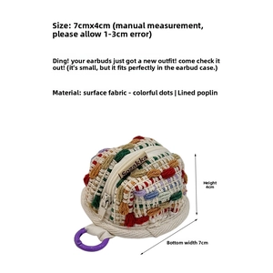 Detail of colorful knitted headphone pouch with silver zipper and purple hook, 7cm x 4cm