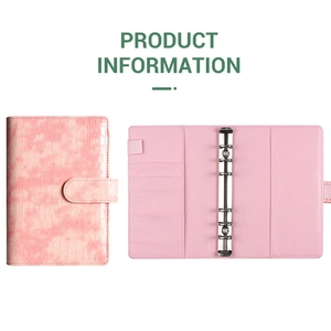 Pink crocodile-textured A6 binder notebook with metallic 6-hole rings and card slots