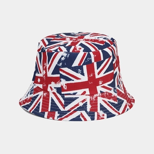 Detail view of double-sided bucket hat with vintage Union Jack print and stitched brim