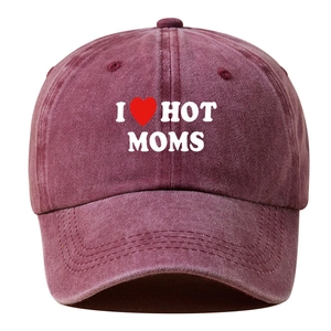 Washed burgundy cotton baseball cap featuring I HOT MOMS embroidery with red heart