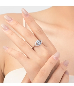 Close-up of S925 sterling silver evil eye ring with blue and white crystals on finger