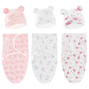 Three-piece baby swaddle and knotted hat sets with rabbit and bear prints in soft cotton