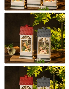 Detailed view of red and grey Christmas snow globe lanterns with Santa and snowman scenes