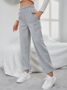 Pantaloni sportivi da donna grigio chiaro a vita alta con coulisse e tasche laterali