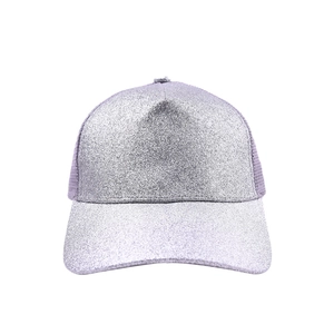 Detail of silver sequin glitter baseball cap with breathable lavender mesh back panel