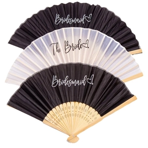 Three folding wedding fans featuring black Bridesmaid and white Bride designs in bamboo