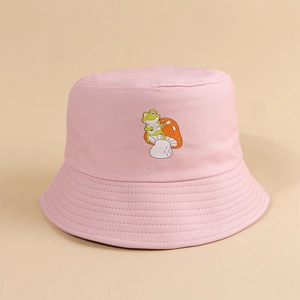 Pink canvas bucket hat with cute cartoon frog playing guitar on a mushroom