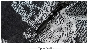 Macro shot of high-density floral print fabric featuring a smooth metal zipper detail