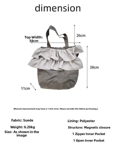 Detailed view of grey ruffled tote bag interior with zipper pocket and magnetic buckle