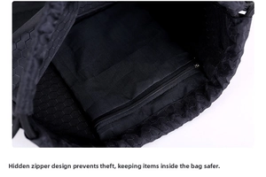 Macro shot of waterproof nylon drawstring bag with honeycomb texture and hidden zipper pocket