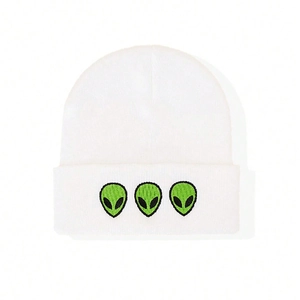 White winter knitted beanie hat with green alien head embroidery for men and women