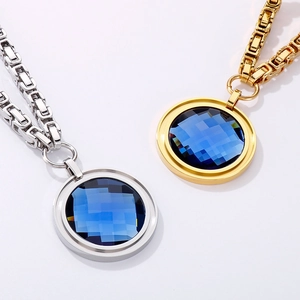 Gold and silver link chain necklaces with blue geometric crystal stone pendants