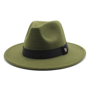 Detail of the green wool fedora with a black ribbon band and a gold M letter emblem