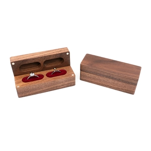 Walnut wood double ring box with red velvet lining in open and closed views